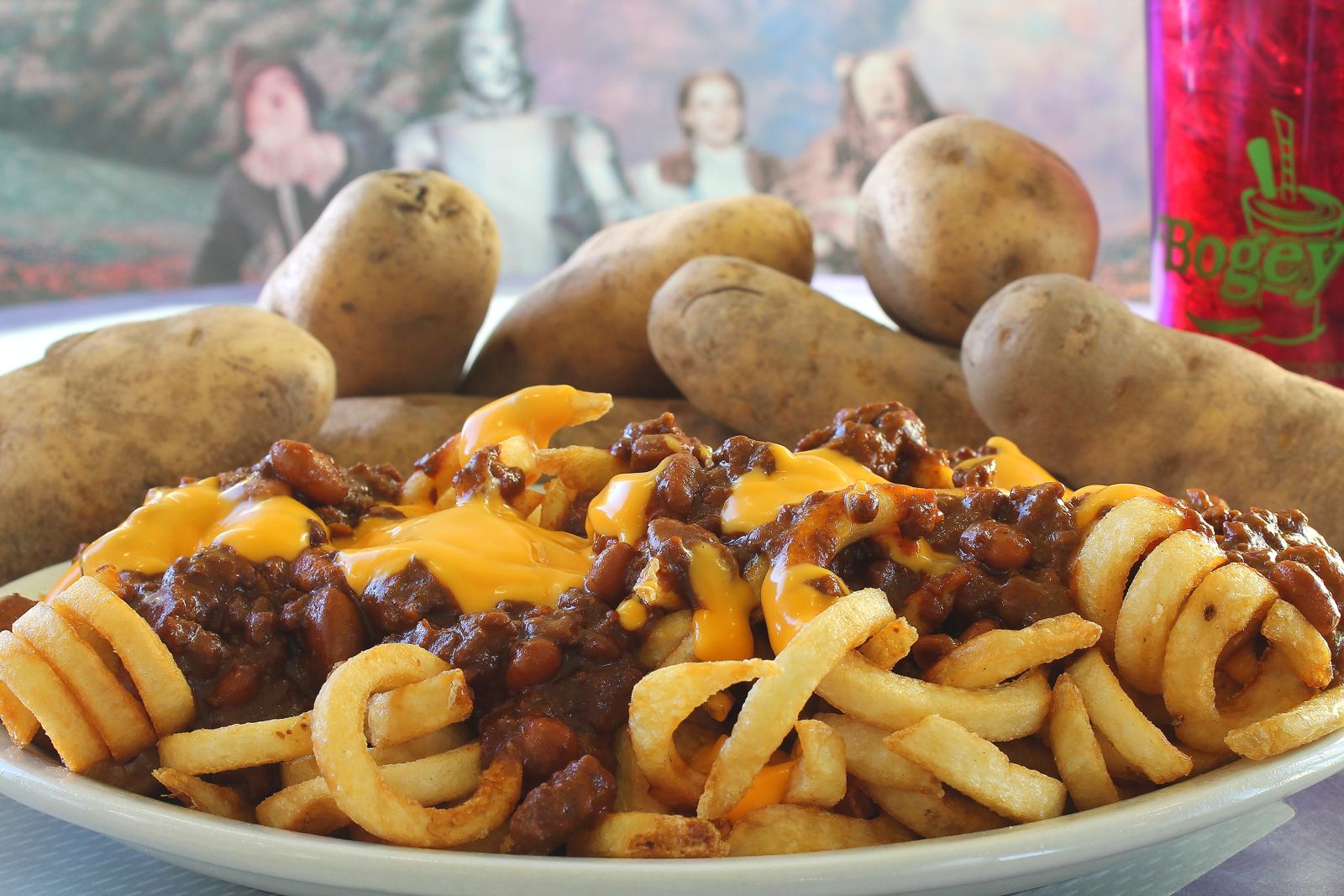 Curly fries loaded with chili and cheese